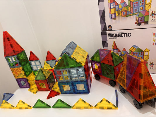 100 Parça Dekoratif Arabalı Manyetik Yapı Blokları-STEAM Eğitici Karo Oyun Seti (7.5 Cm)