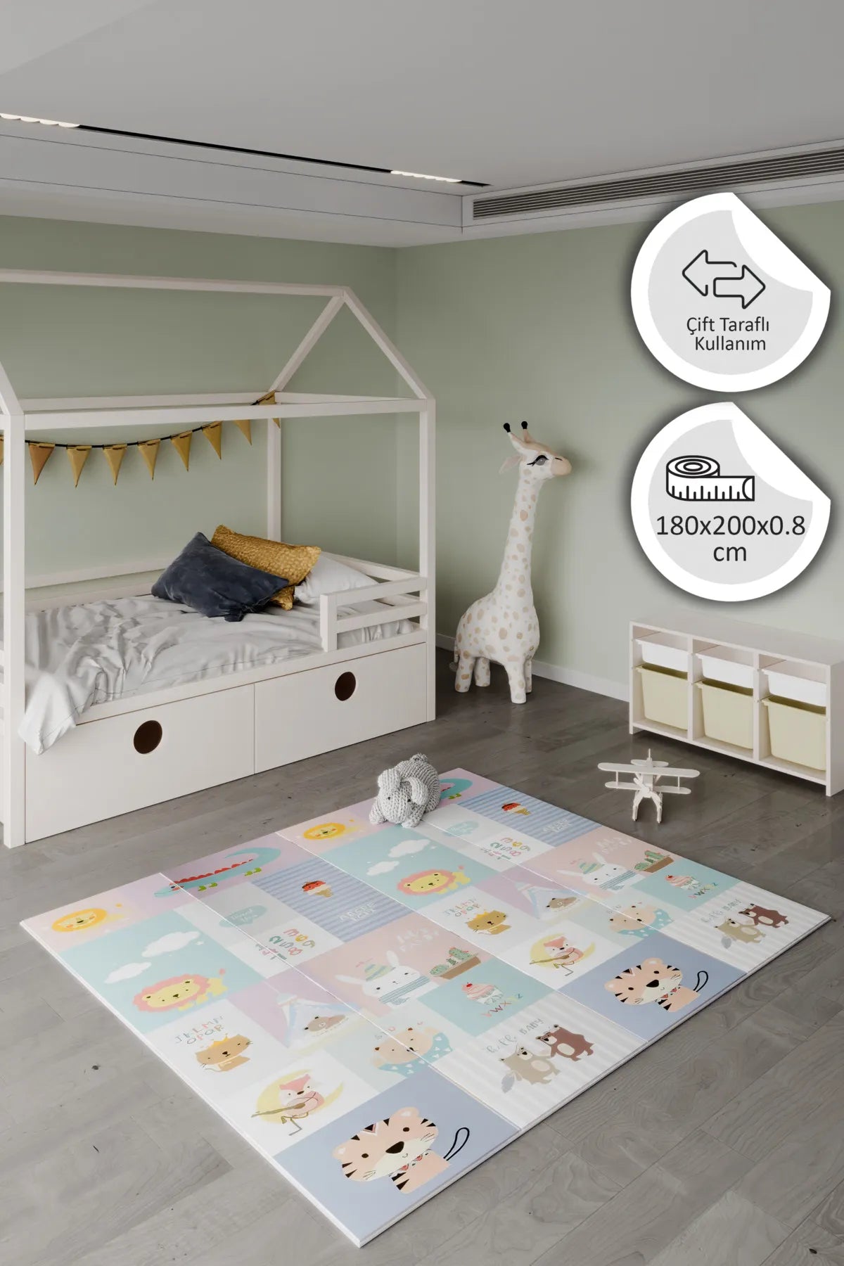 Taşıt ve Hayvan Resimli Katlanabilir Oyun Halısı 180x200 cm (Çantalı)
