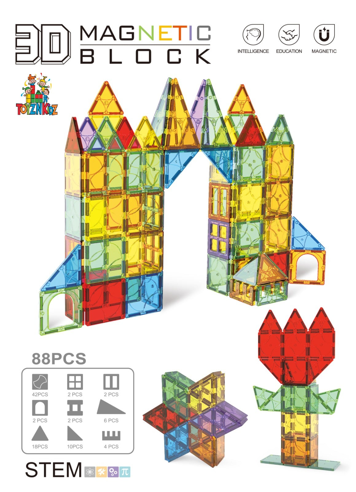 88 Parça Dekoratif Manyetik Yapı Blokları-STEAM Eğitici Karo Oyun Seti (7.5 Cm)