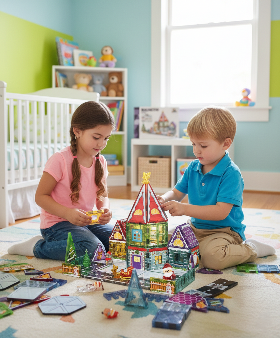 65 Parça Noel Evi Manyetik Yapı Blokları-STEAM Eğitici Karo Oyun Seti (7.5 Cm)