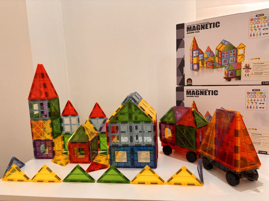 100 Parça Dekoratif Arabalı Manyetik Yapı Blokları-STEAM Eğitici Karo Oyun Seti (7.5 Cm)