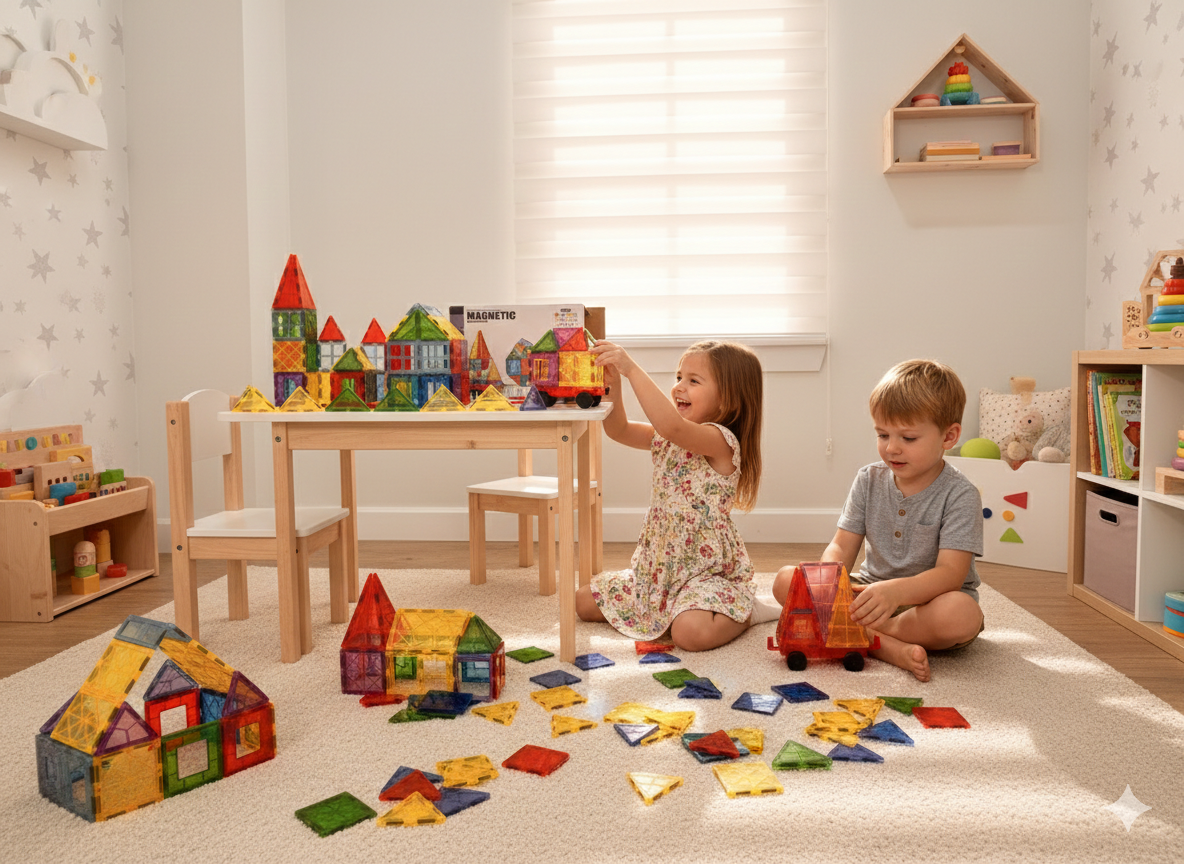 100 Parça Dekoratif Arabalı Manyetik Yapı Blokları-STEAM Eğitici Karo Oyun Seti (7.5 Cm)