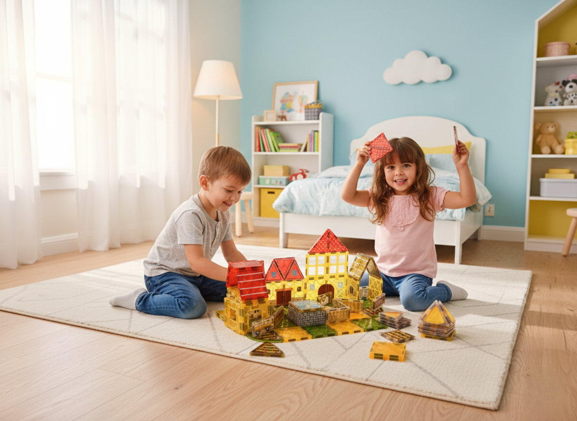 65 Parça Çiftlik Evi Temalı Manyetik Yapı Blokları-STEAM Eğitici Karo Oyun Seti (7.5 Cm)