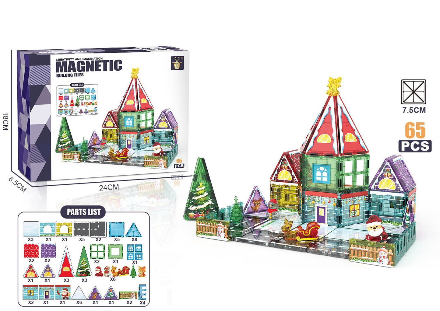 65 Parça Noel Evi Manyetik Yapı Blokları-STEAM Eğitici Karo Oyun Seti (7.5 Cm)