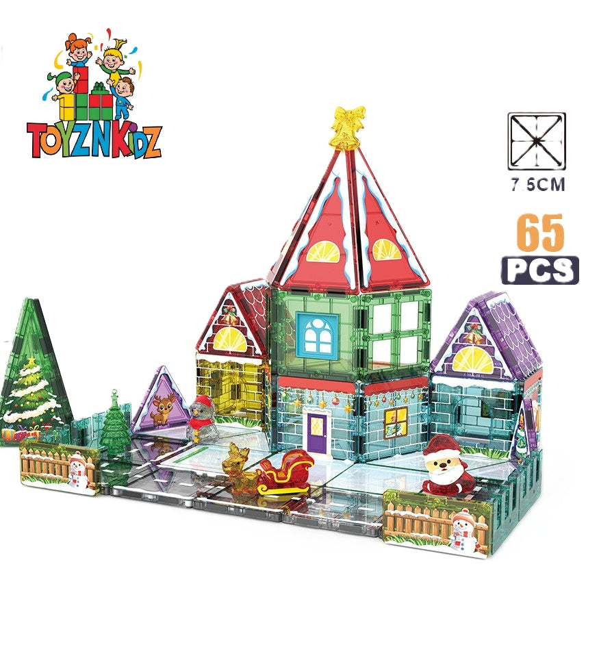 65 Parça Noel Evi Manyetik Yapı Blokları-STEAM Eğitici Karo Oyun Seti (7.5 Cm)