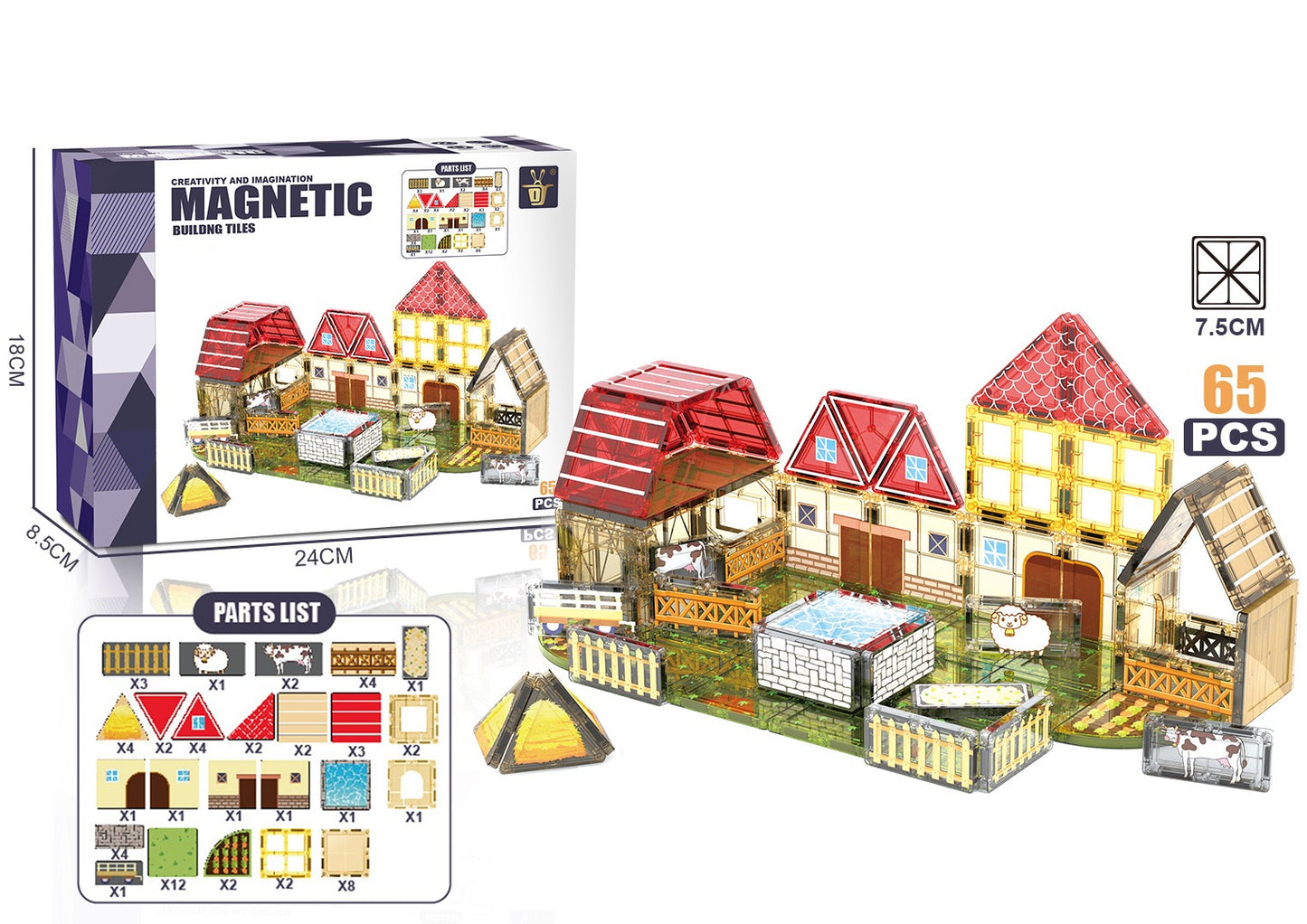 65 Parça Çiftlik Evi Temalı Manyetik Yapı Blokları-STEAM Eğitici Karo Oyun Seti (7.5 Cm)