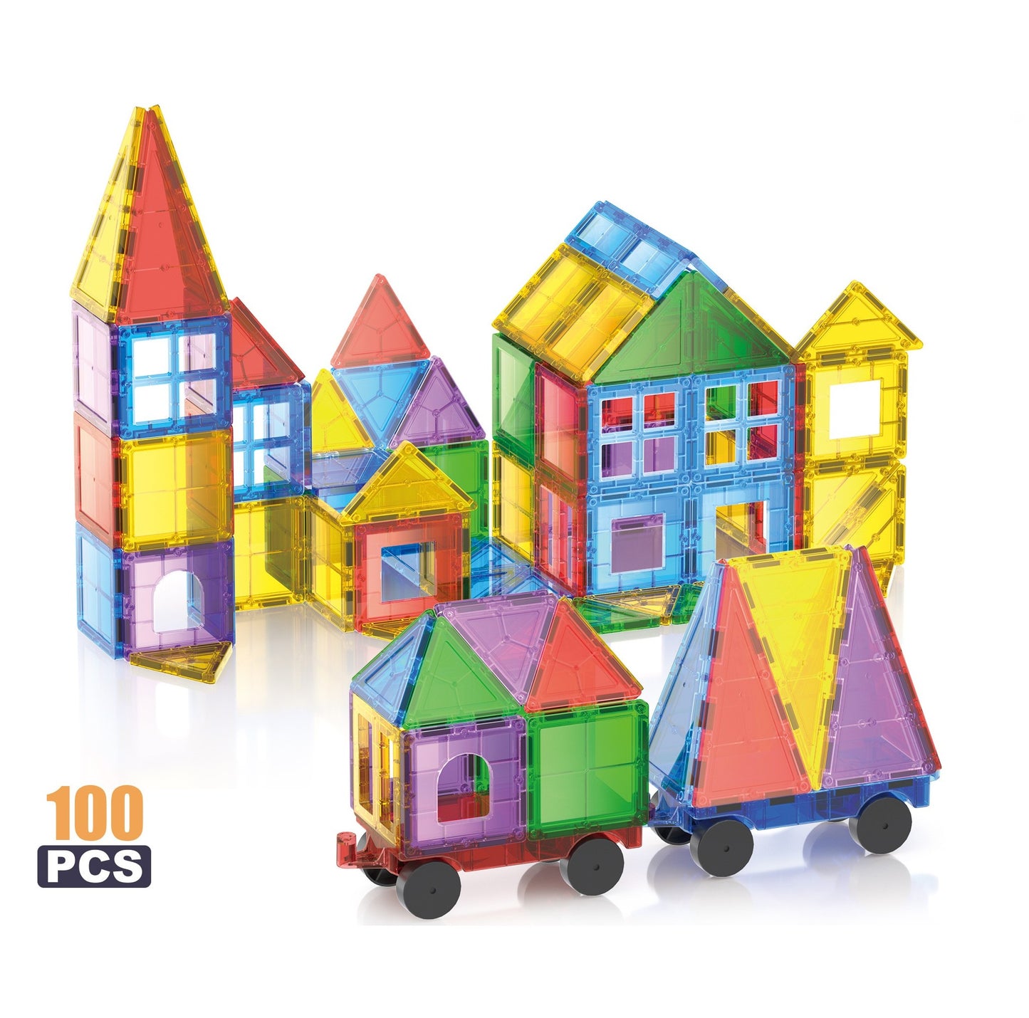 100 Parça Dekoratif Arabalı Manyetik Yapı Blokları-STEAM Eğitici Karo Oyun Seti (7.5 Cm)