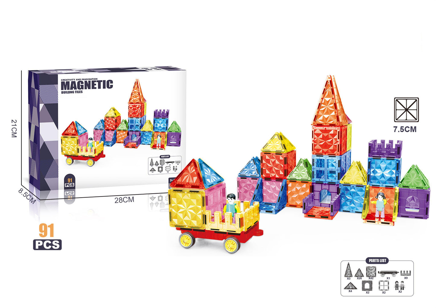 91 Parça Arabalı Elmas Yüzey Manyetik Yapı Blokları-STEAM Eğitici Karo Oyun Seti (7.5 Cm)