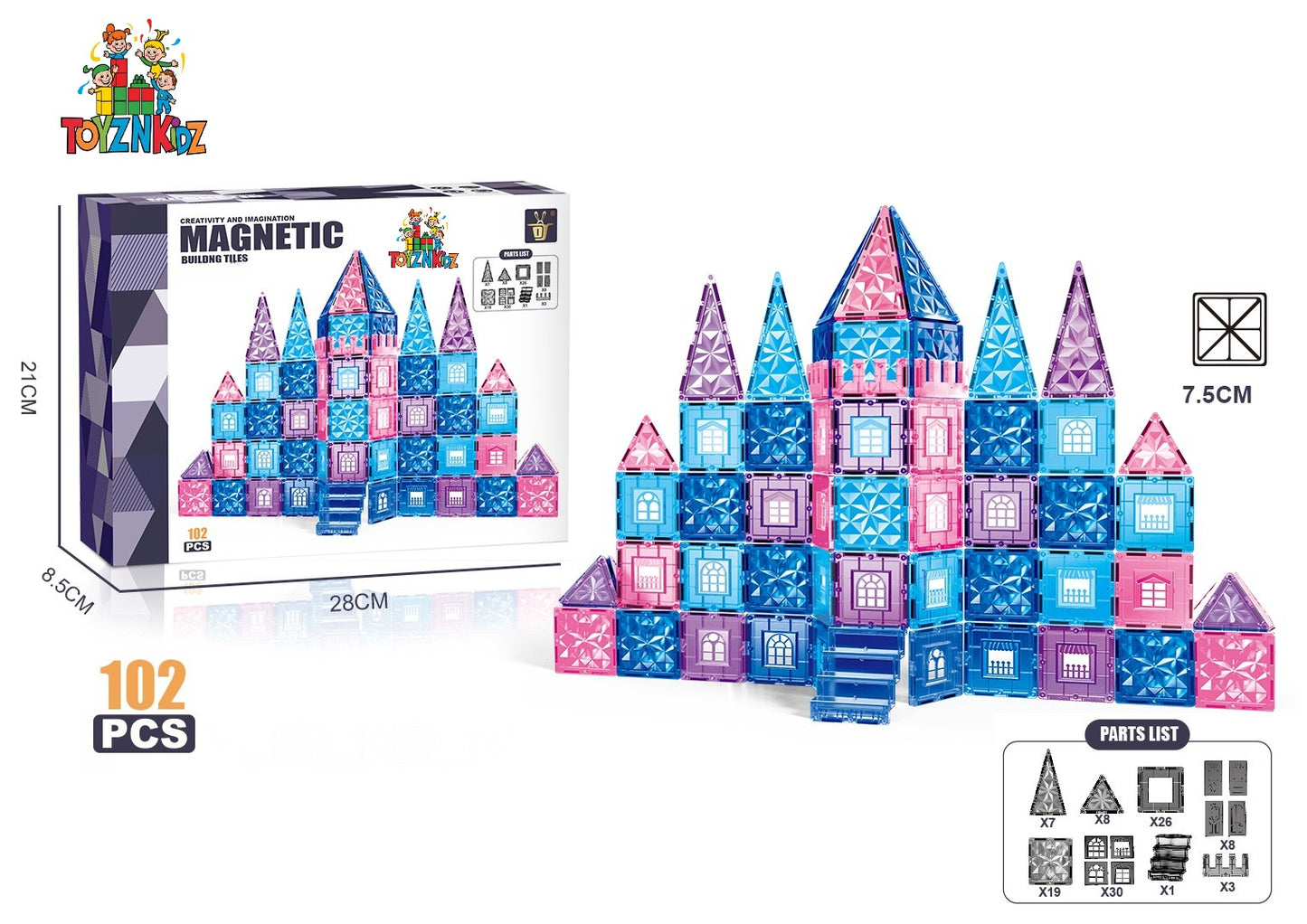 102 Parça Elmas Şato Manyetik Yapı Blokları-STEAM Eğitici Karo Oyun Seti (7.5 Cm)