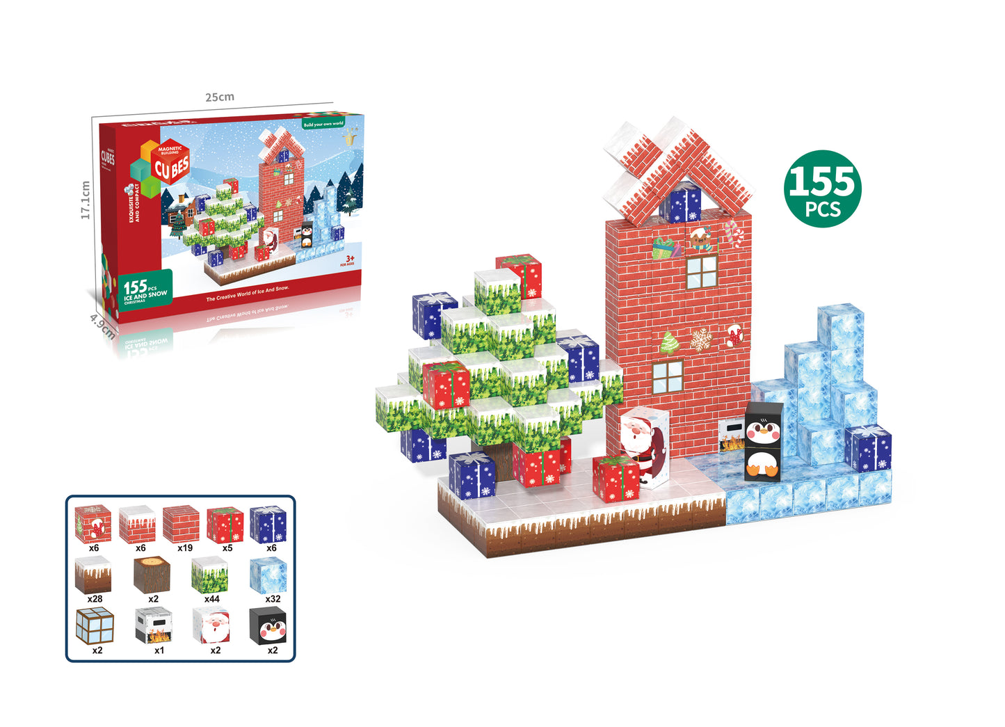 155 Parça Manyetik Küp Blok Kar ve Noel Temalı Yapı Taşı (2.0 Cm)