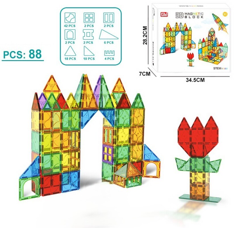 88 Parça Dekoratif Manyetik Yapı Blokları-STEAM Eğitici Karo Oyun Seti (7.5 Cm)